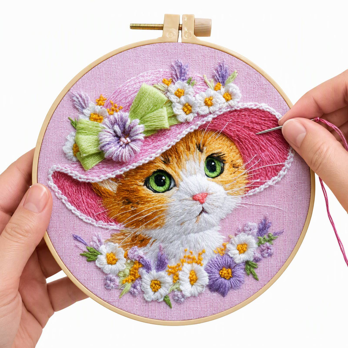 Pink Kitty - DIY Embroidery Cross Stitch Kit with Pattern Cotton Threads Needles Hoop 30×30CM/11.81×11.81in
