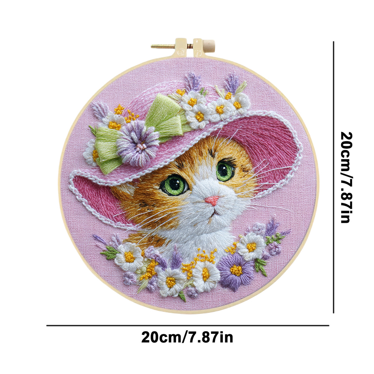 Pink Kitty - DIY Embroidery Cross Stitch Kit with Pattern Cotton Threads Needles Hoop 30×30CM/11.81×11.81in