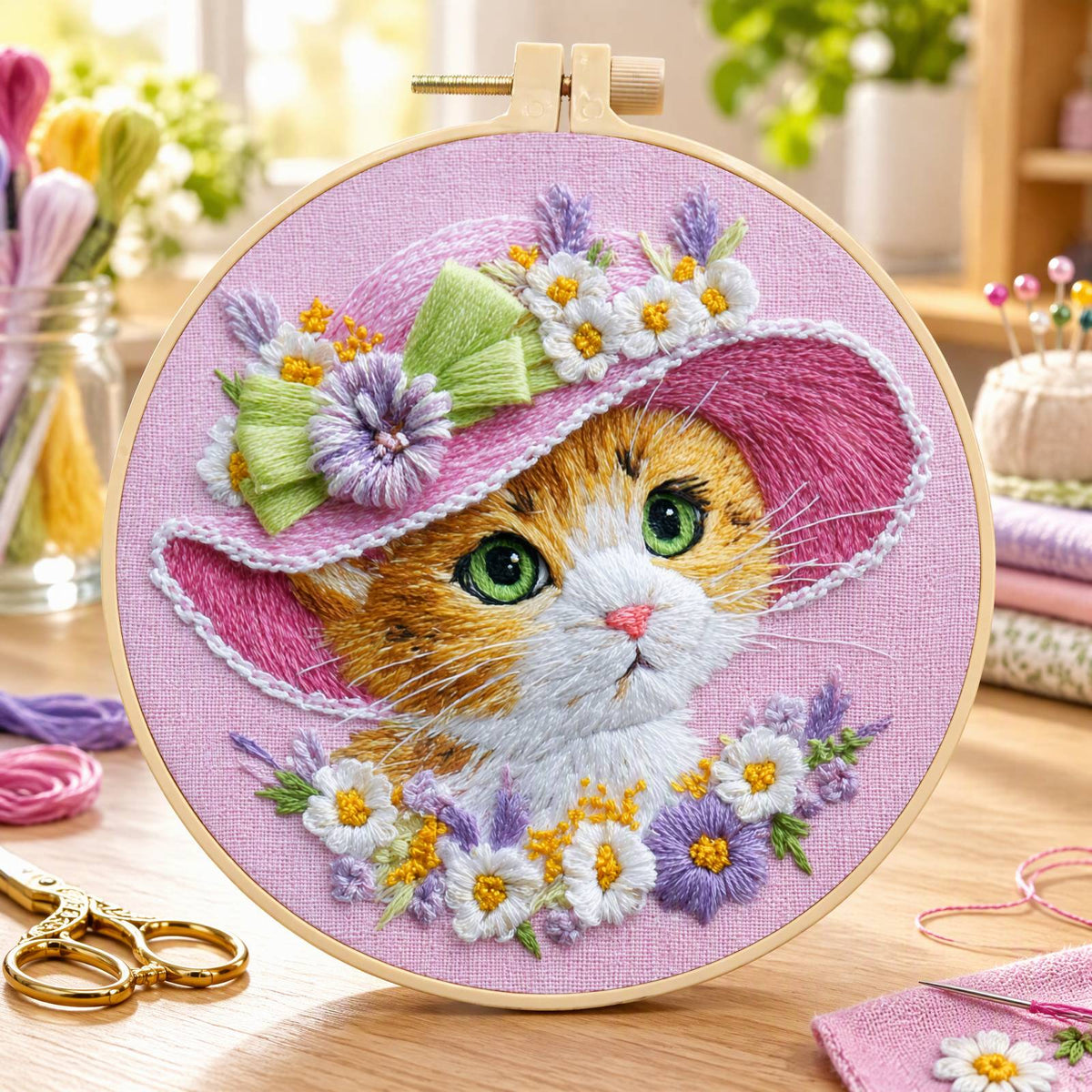Pink Kitty - DIY Embroidery Cross Stitch Kit with Pattern Cotton Threads Needles Hoop 30×30CM/11.81×11.81in