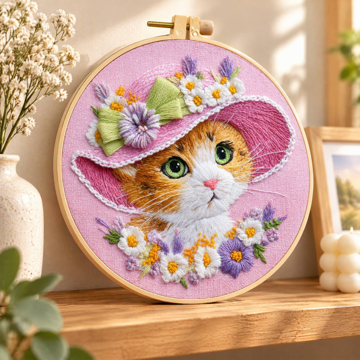 Pink Kitty - DIY Embroidery Cross Stitch Kit with Pattern Cotton Threads Needles Hoop 30×30CM/11.81×11.81in