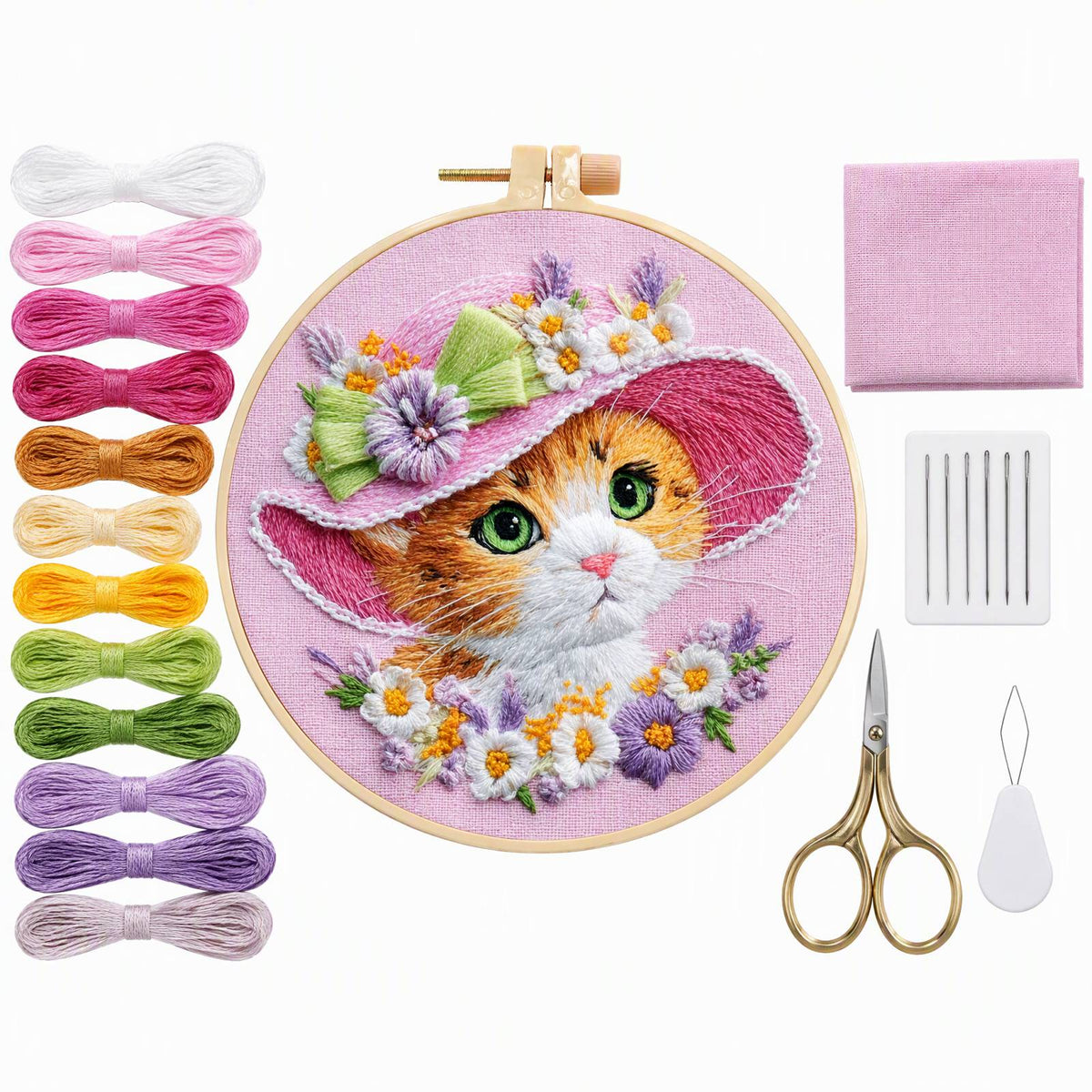 Pink Kitty - DIY Embroidery Cross Stitch Kit with Pattern Cotton Threads Needles Hoop 30×30CM/11.81×11.81in