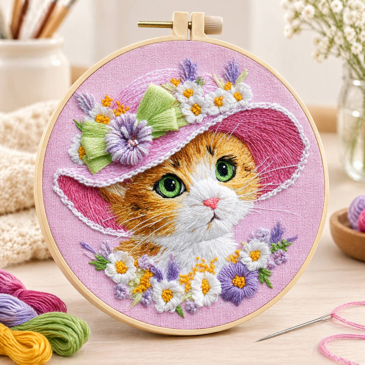 Pink Kitty - DIY Embroidery Cross Stitch Kit with Pattern Cotton Threads Needles Hoop 30×30CM/11.81×11.81in