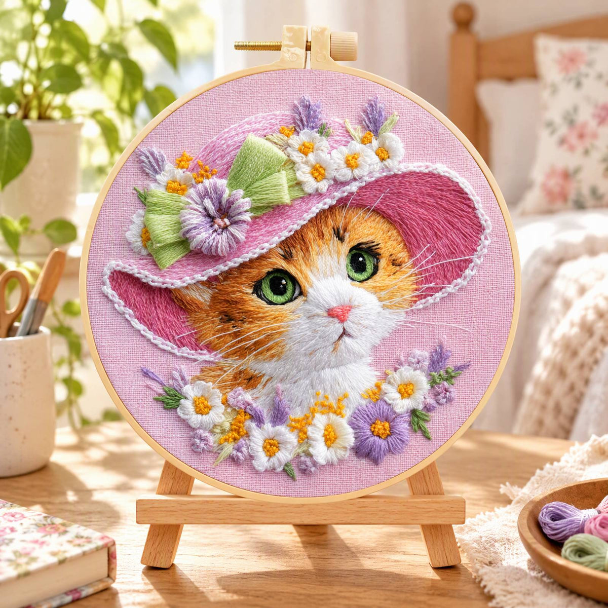 Pink Kitty - DIY Embroidery Cross Stitch Kit with Pattern Cotton Threads Needles Hoop 30×30CM/11.81×11.81in