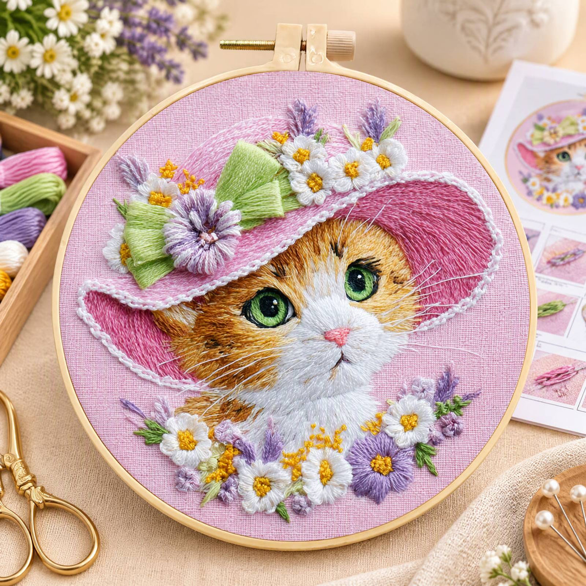 Pink Kitty - DIY Embroidery Cross Stitch Kit with Pattern Cotton Threads Needles Hoop 30×30CM/11.81×11.81in
