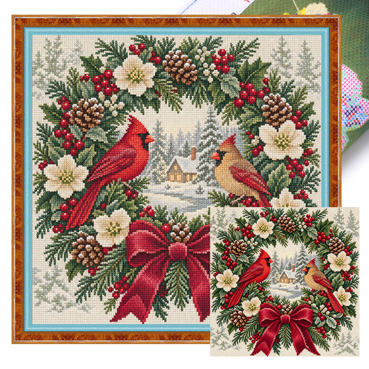 Kranz Kardinalvogel – Vollständiges 14CT gestempeltes Kreuzstich-Set 40x40CM – Huacan