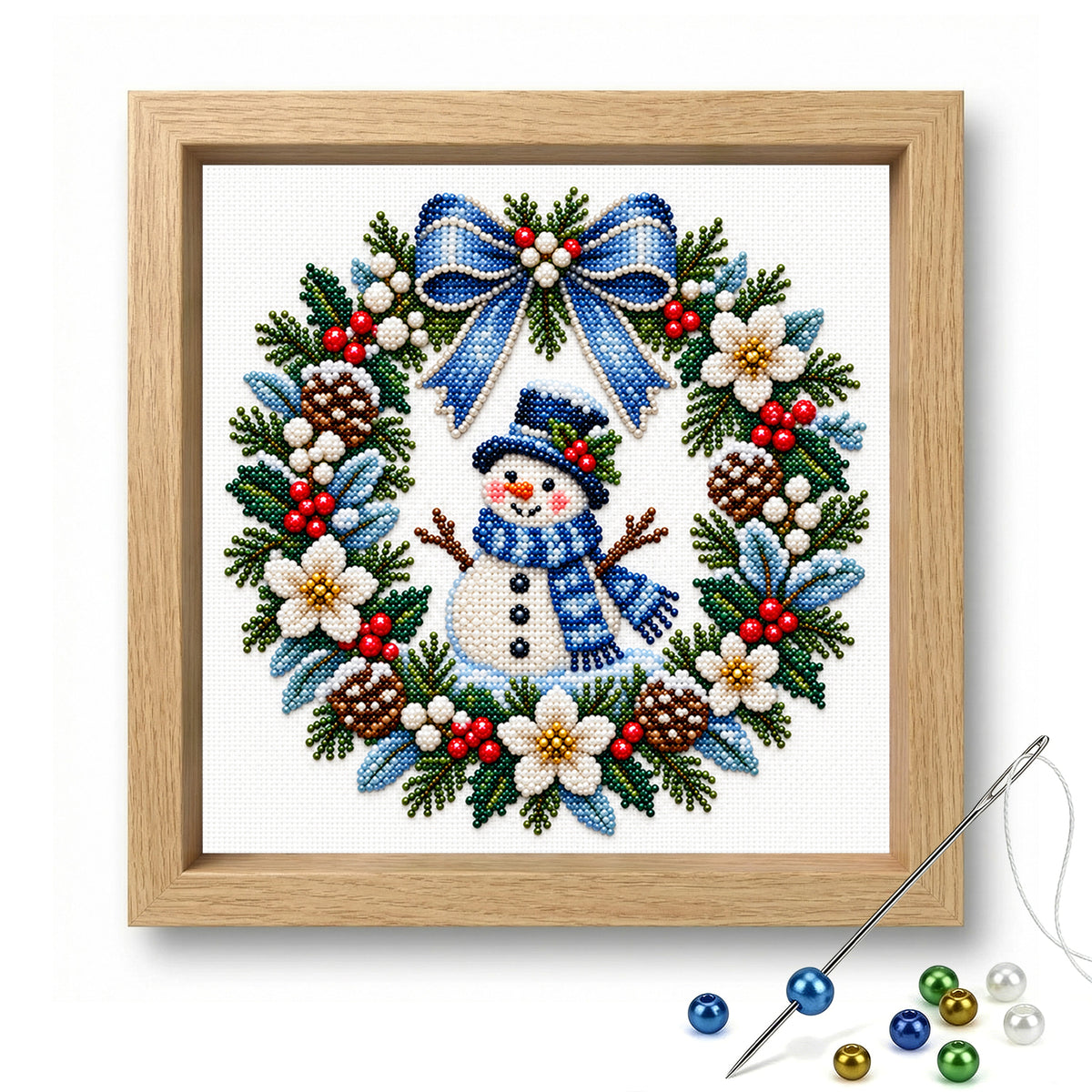 Snowman Wreath - Partial 11CT Stamped Cross Stitch - Bead Embroidery 36×36CM/14.17×14.17in