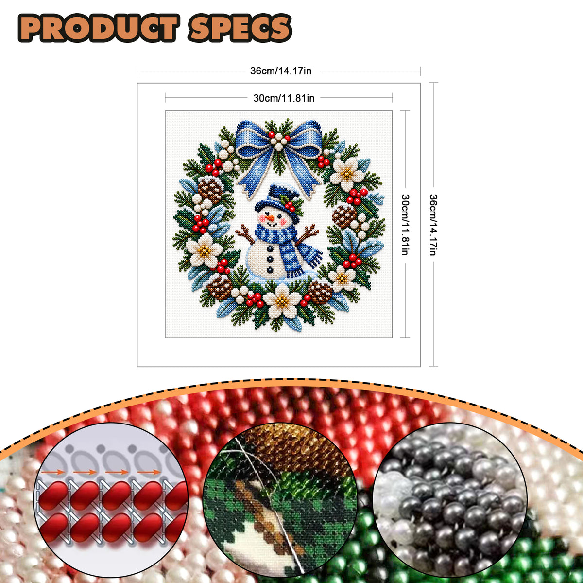 Snowman Wreath - Partial 11CT Stamped Cross Stitch - Bead Embroidery 36×36CM/14.17×14.17in