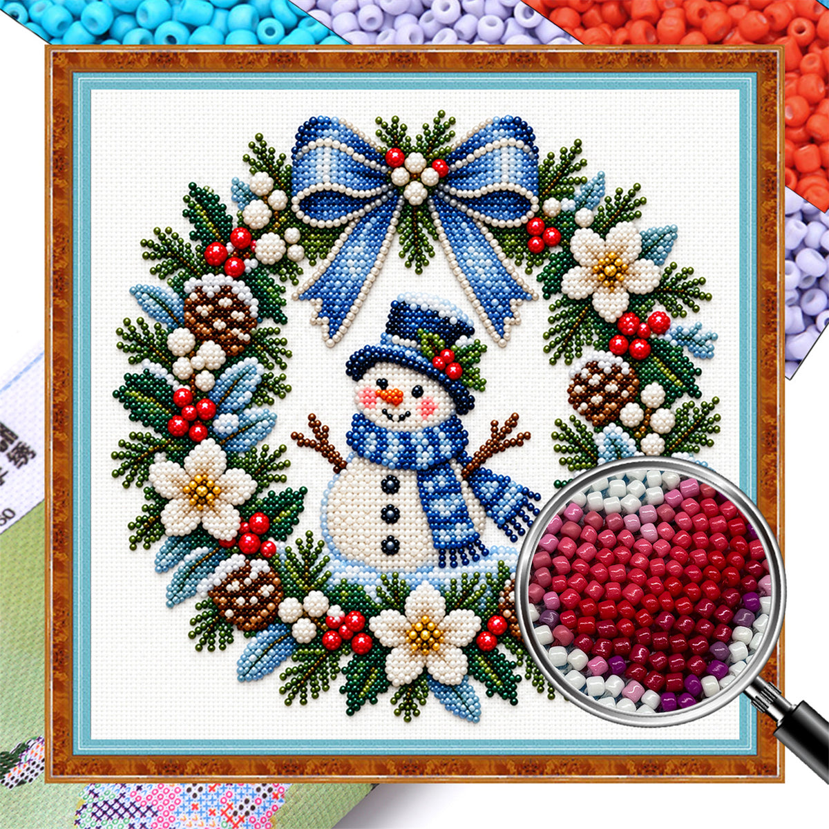 Snowman Wreath - Partial 11CT Stamped Cross Stitch - Bead Embroidery 36×36CM/14.17×14.17in