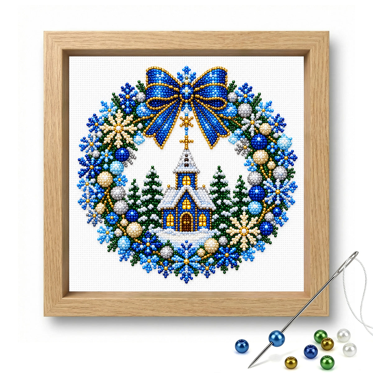 Church Wreath - Partial 11CT Stamped Cross Stitch - Bead Embroidery 36×36CM/14.17×14.17in