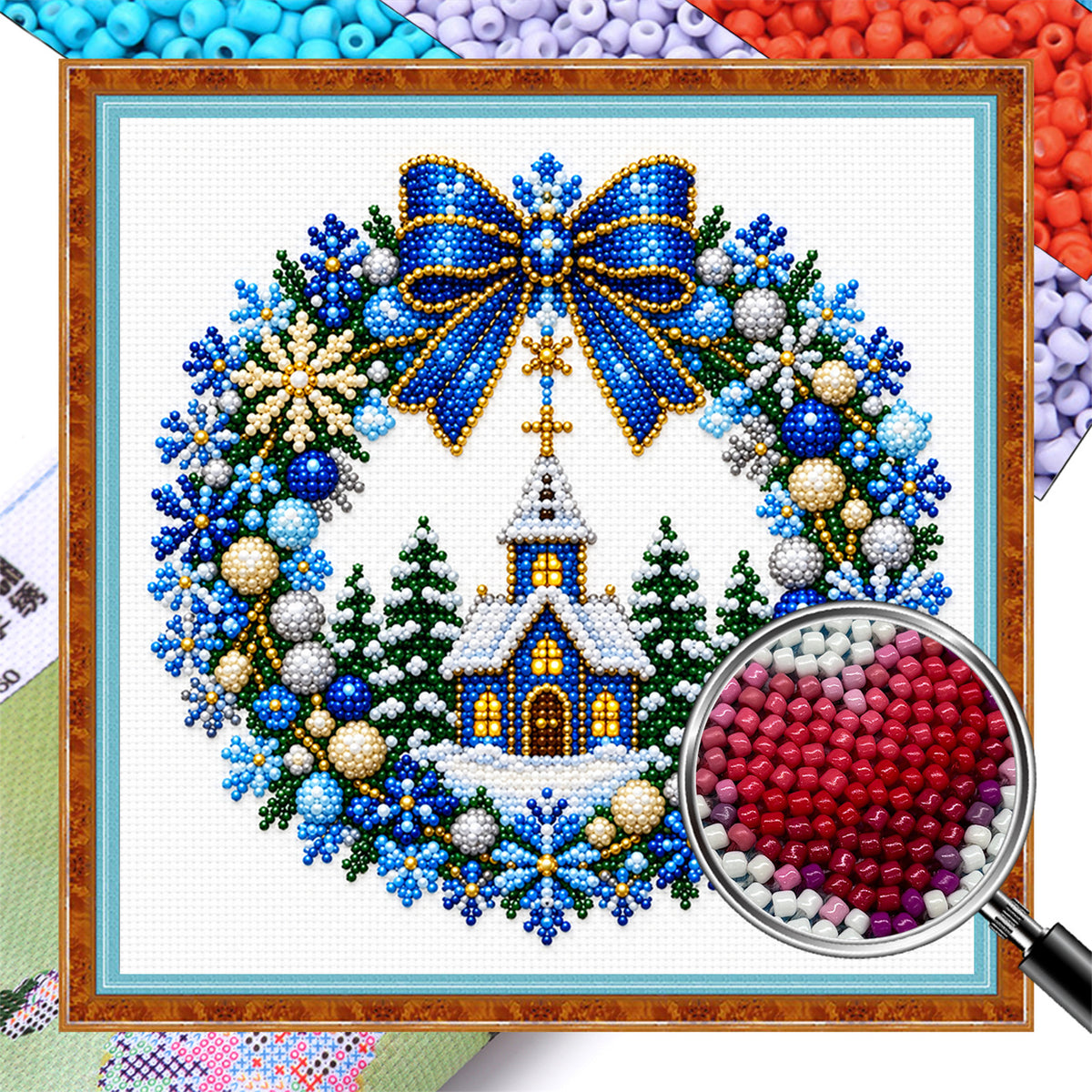 Church Wreath - Partial 11CT Stamped Cross Stitch - Bead Embroidery 36×36CM/14.17×14.17in