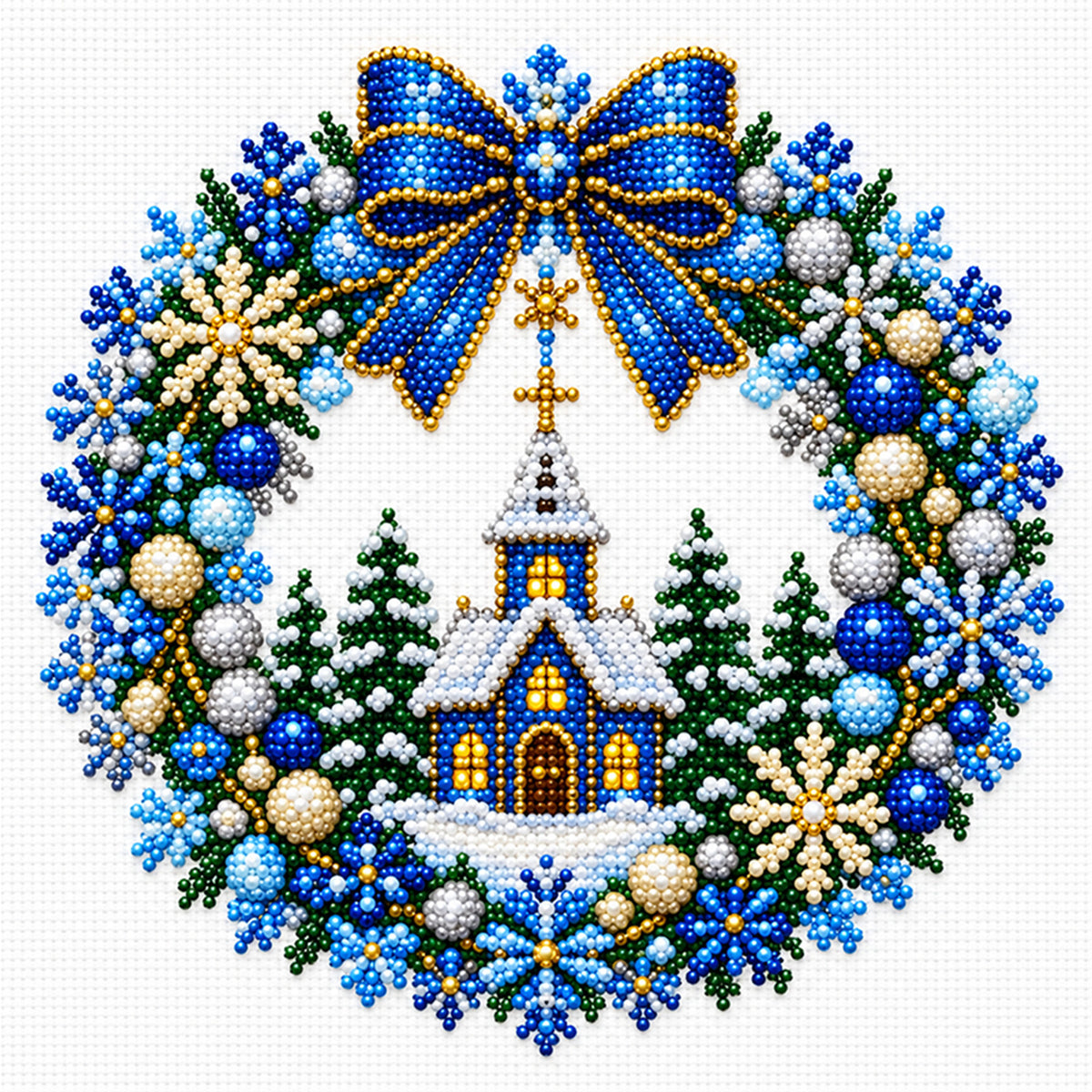 Church Wreath - Partial 11CT Stamped Cross Stitch - Bead Embroidery 36×36CM/14.17×14.17in