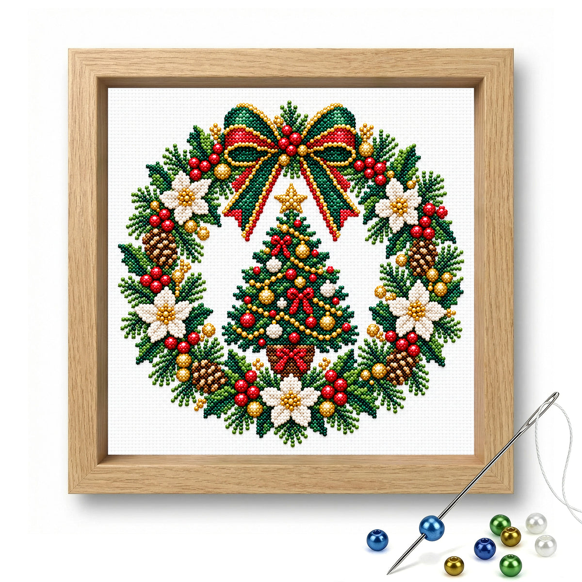 Tree Wreath - Partial 11CT Stamped Cross Stitch - Bead Embroidery 36×36CM/14.17×14.17in