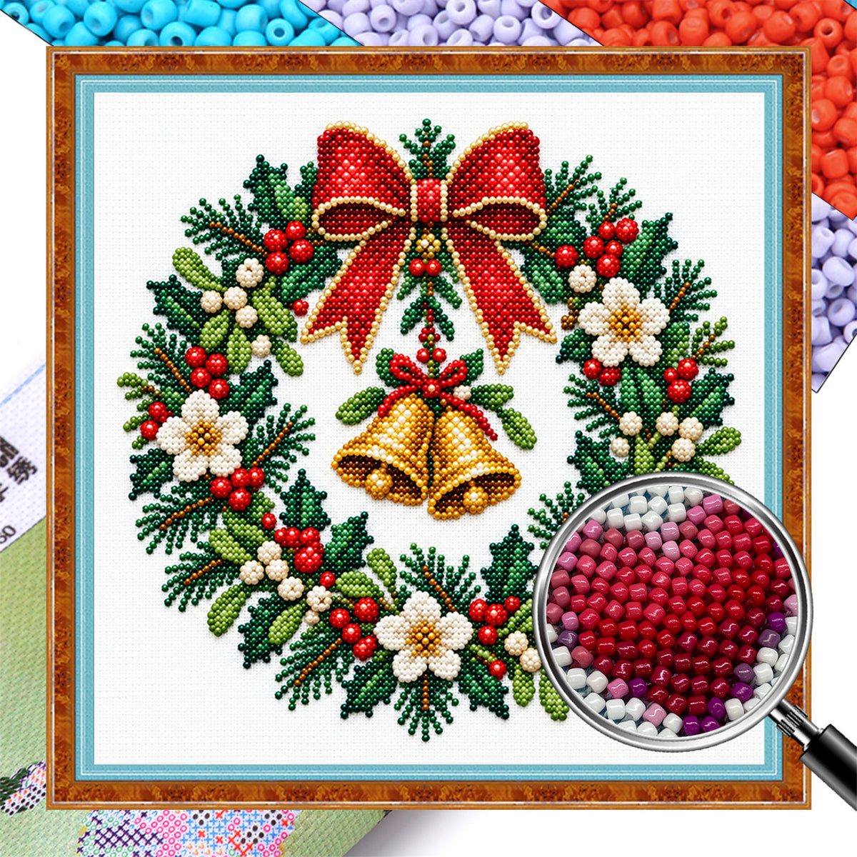 Bell Wreath - Partial 11CT Stamped Cross Stitch - Bead Embroidery 36×36CM/14.17×14.17in