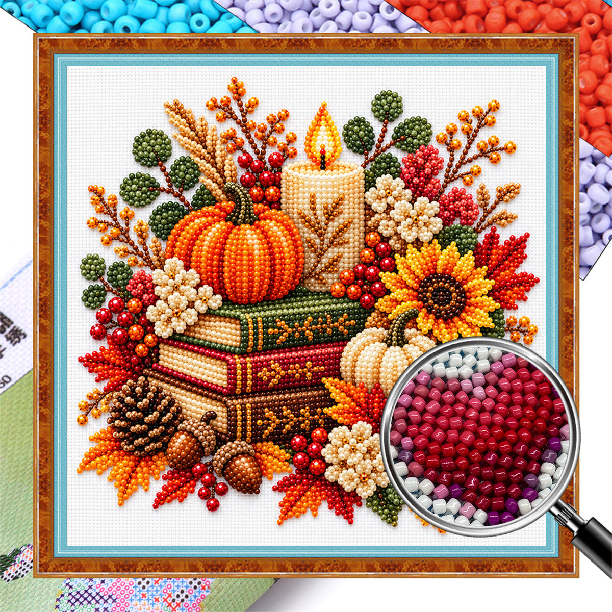 Autumn Books - Partial 11CT Stamped Cross Stitch - Bead Embroidery 36×36CM/14.17×14.17in