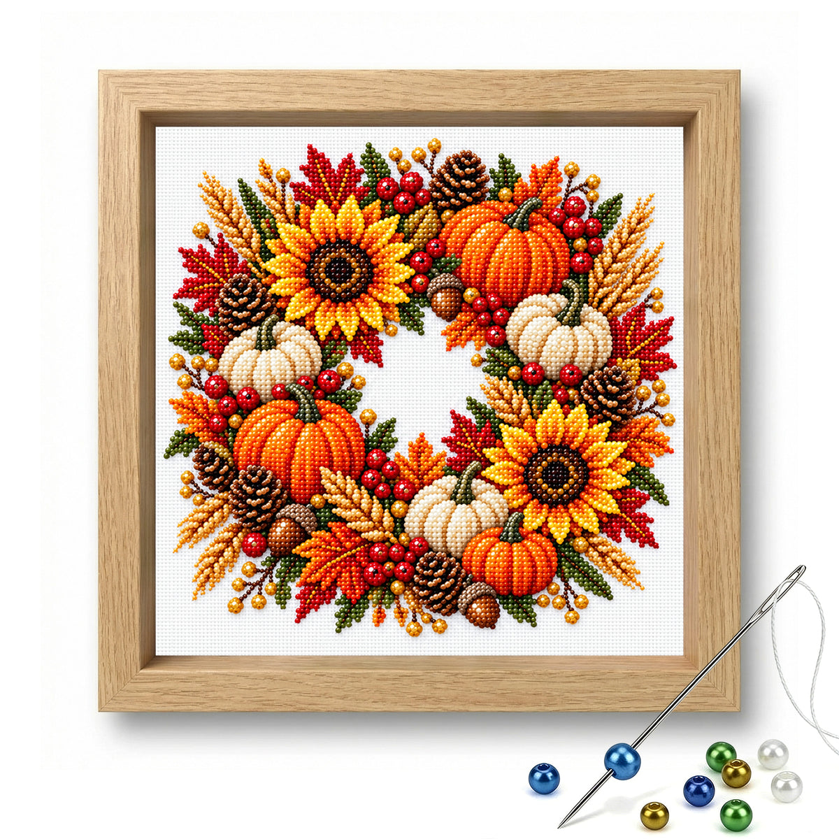 Pumpkin Wreath - Partial 11CT Stamped Cross Stitch - Bead Embroidery 36×36CM/14.17×14.17in