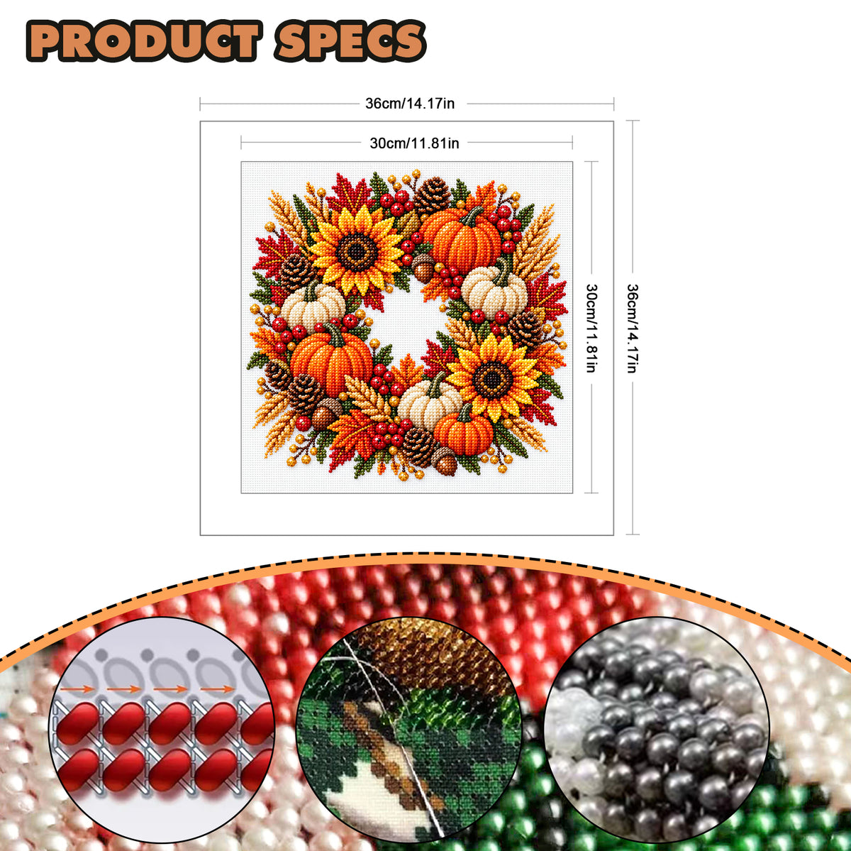 Pumpkin Wreath - Partial 11CT Stamped Cross Stitch - Bead Embroidery 36×36CM/14.17×14.17in