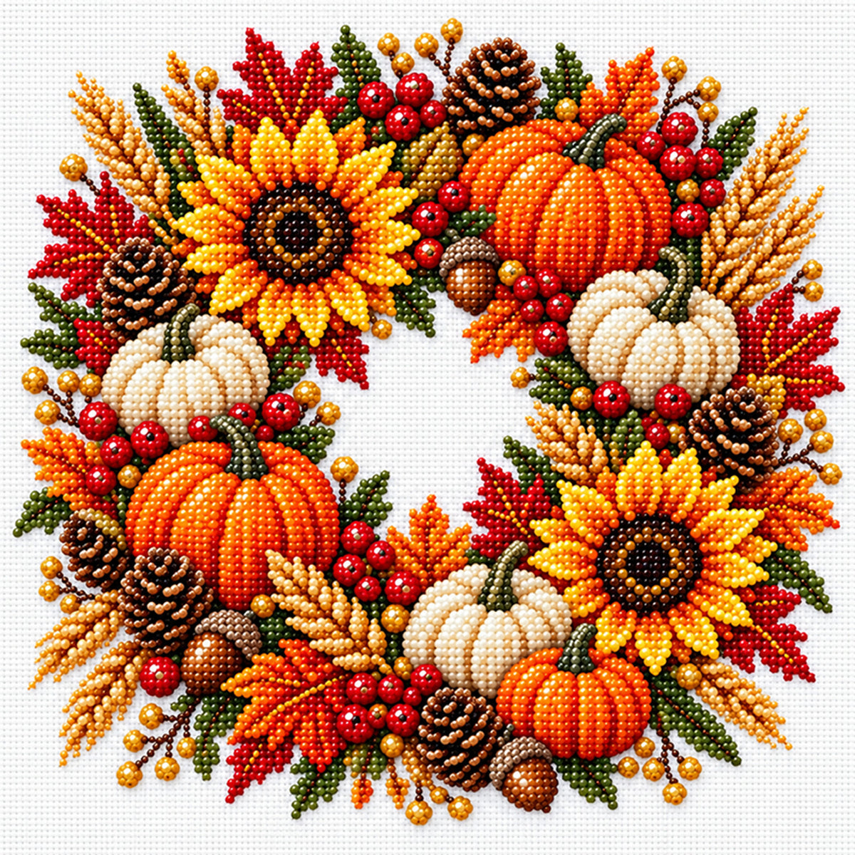 Pumpkin Wreath - Partial 11CT Stamped Cross Stitch - Bead Embroidery 36×36CM/14.17×14.17in