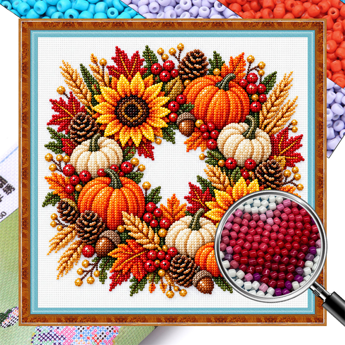 Pumpkin Wreath - Partial 11CT Stamped Cross Stitch - Bead Embroidery 36×36CM/14.17×14.17in