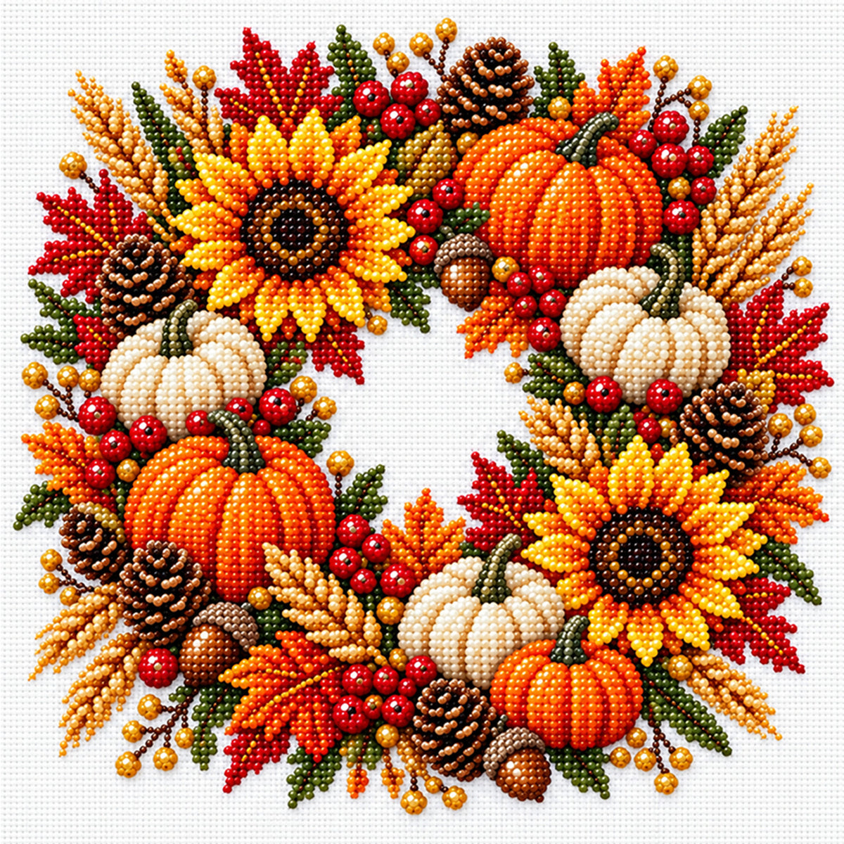 Pumpkin Wreath - Partial 11CT Stamped Cross Stitch - Bead Embroidery 36×36CM/14.17×14.17in