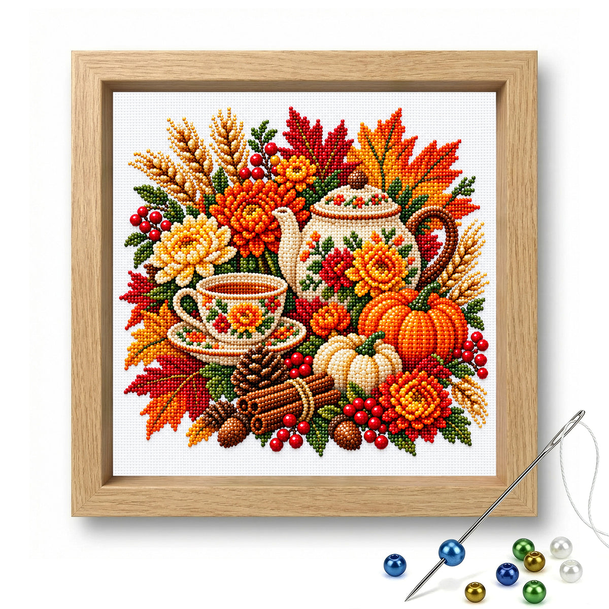 Autumn Teapot - Partial 11CT Stamped Cross Stitch - Bead Embroidery 36×36CM/14.17×14.17in