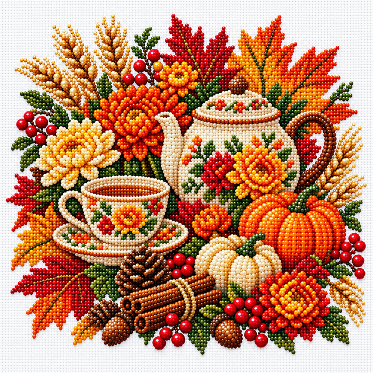 Autumn Teapot - Partial 11CT Stamped Cross Stitch - Bead Embroidery 36×36CM/14.17×14.17in