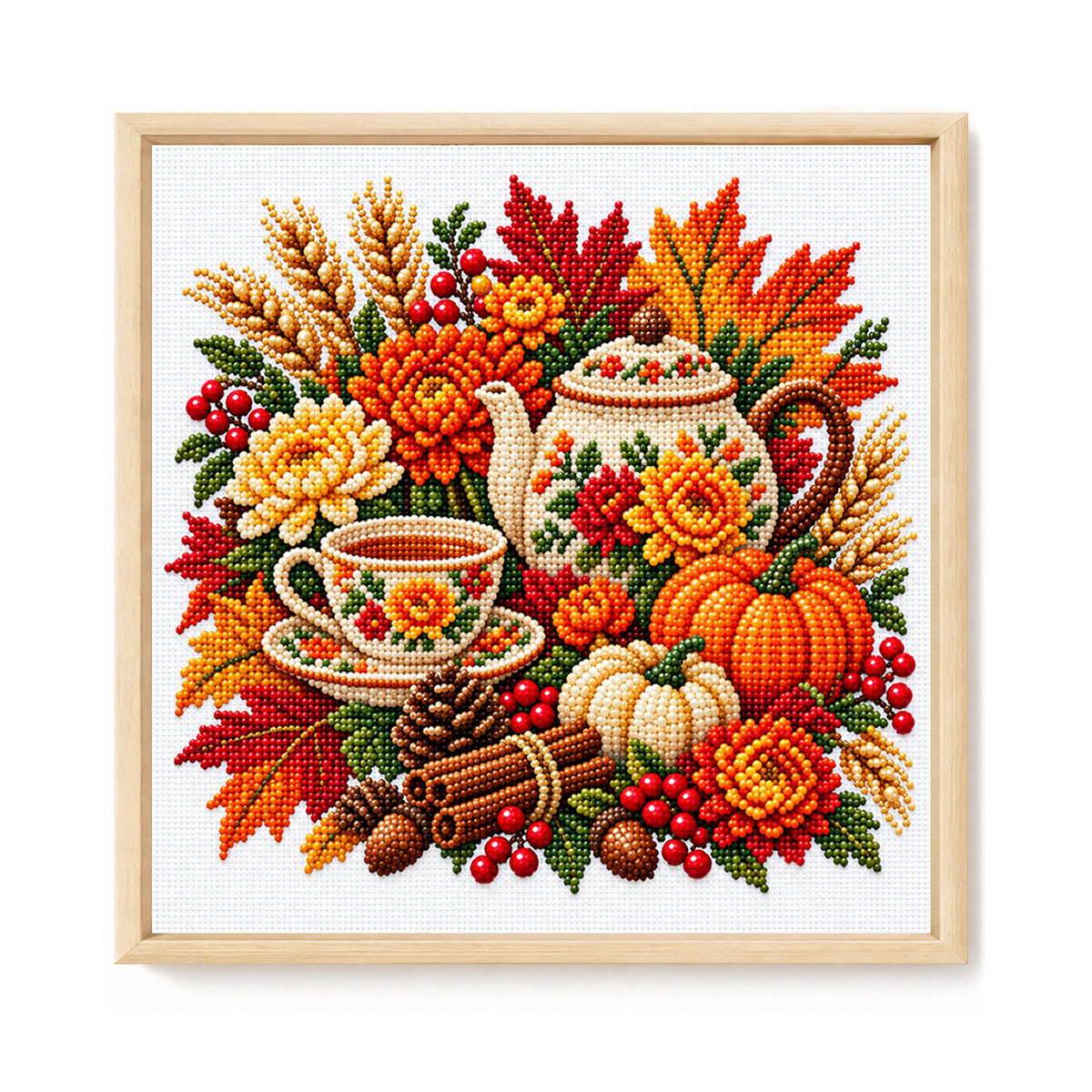 Autumn Teapot - Partial 11CT Stamped Cross Stitch - Bead Embroidery 36×36CM/14.17×14.17in