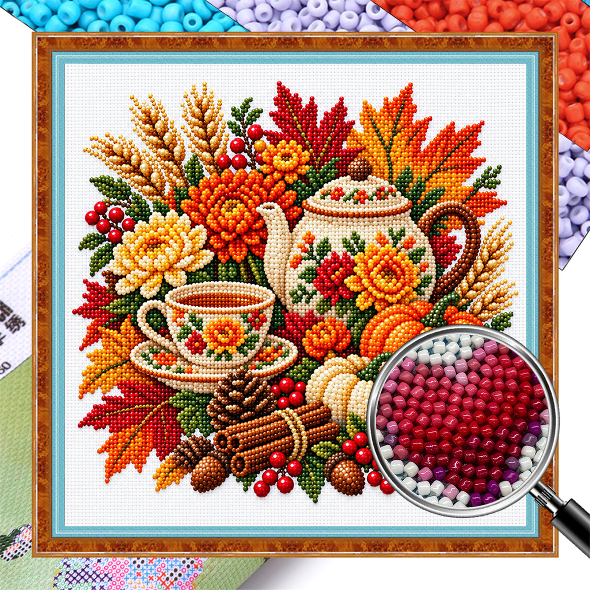 Autumn Teapot - Partial 11CT Stamped Cross Stitch - Bead Embroidery 36×36CM/14.17×14.17in