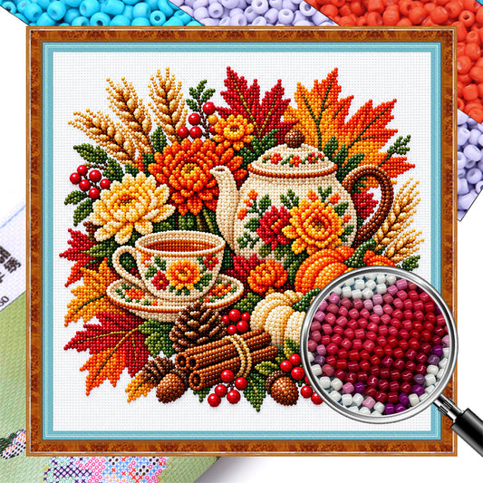 Autumn Teapot - Partial 11CT Stamped Cross Stitch - Bead Embroidery 36×36CM/14.17×14.17in