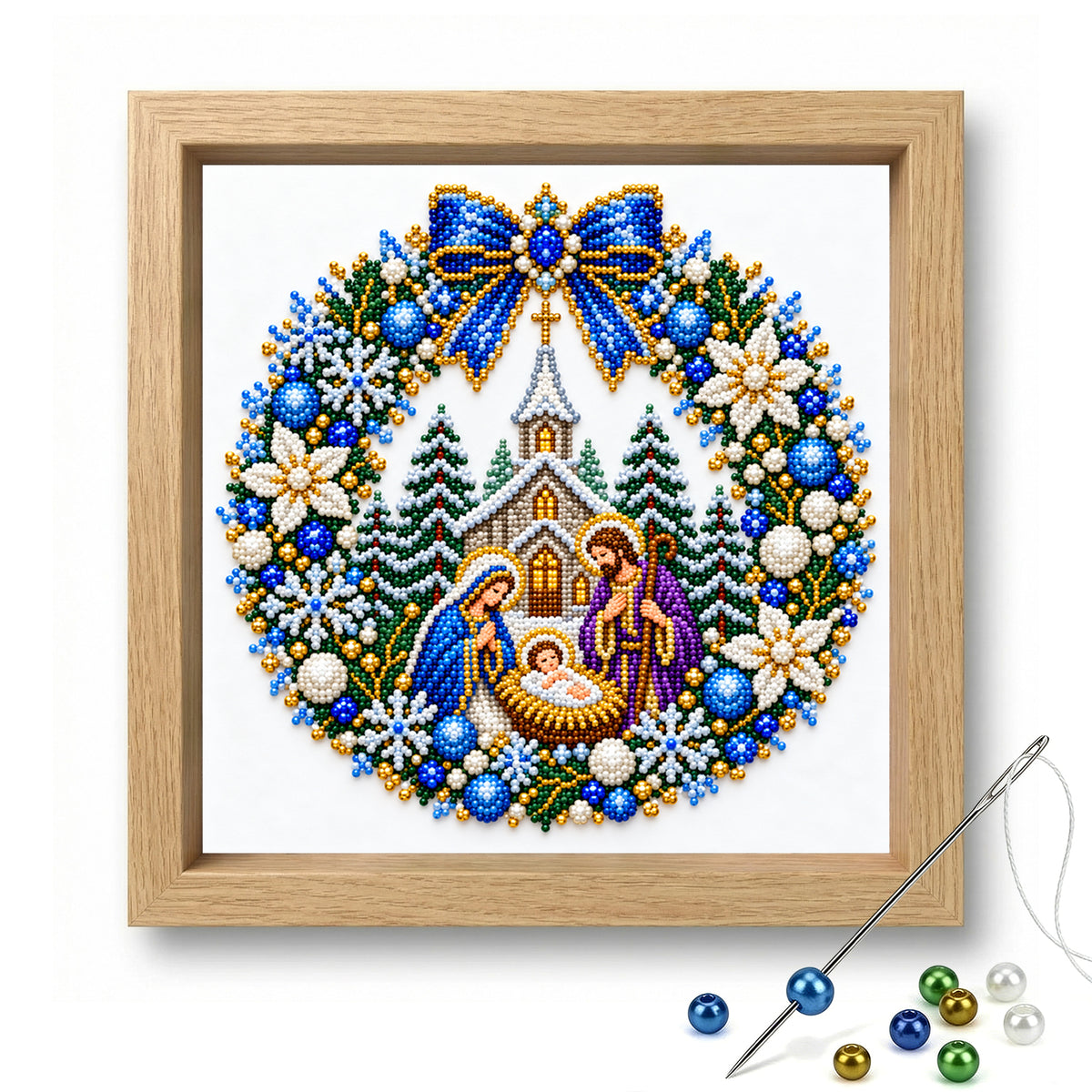 Nativity Wreath - Partial 11CT Stamped Cross Stitch - Bead Embroidery 36×36CM/14.17×14.17in