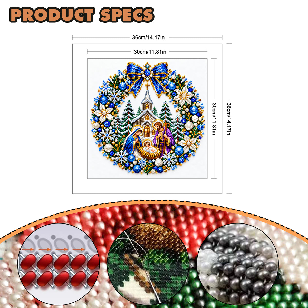 Nativity Wreath - Partial 11CT Stamped Cross Stitch - Bead Embroidery 36×36CM/14.17×14.17in