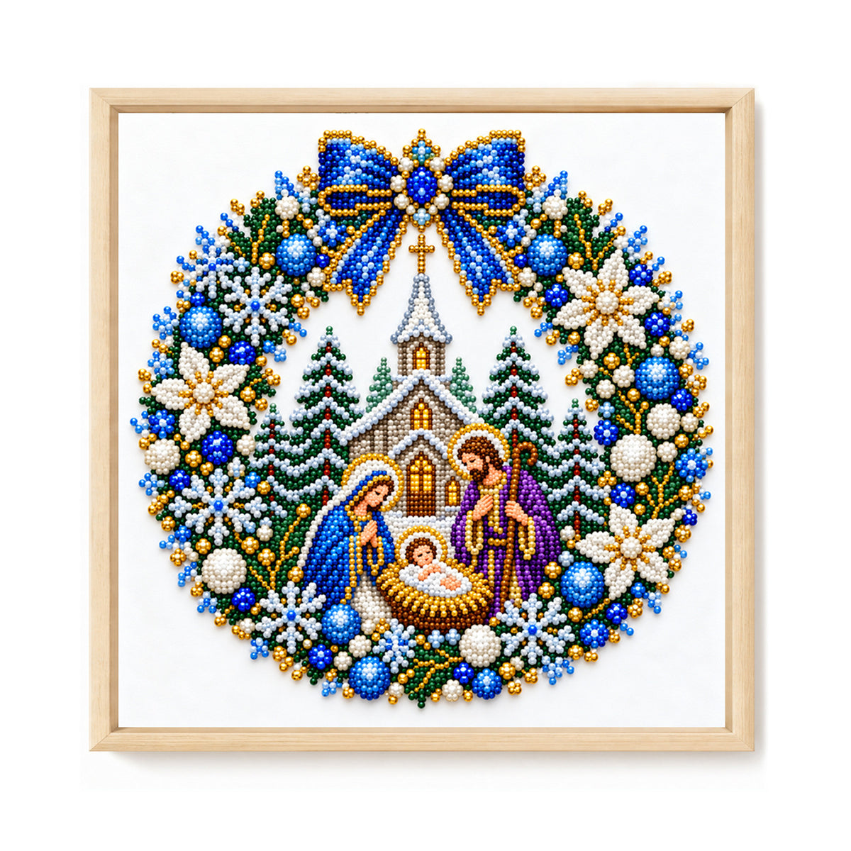 Nativity Wreath - Partial 11CT Stamped Cross Stitch - Bead Embroidery 36×36CM/14.17×14.17in