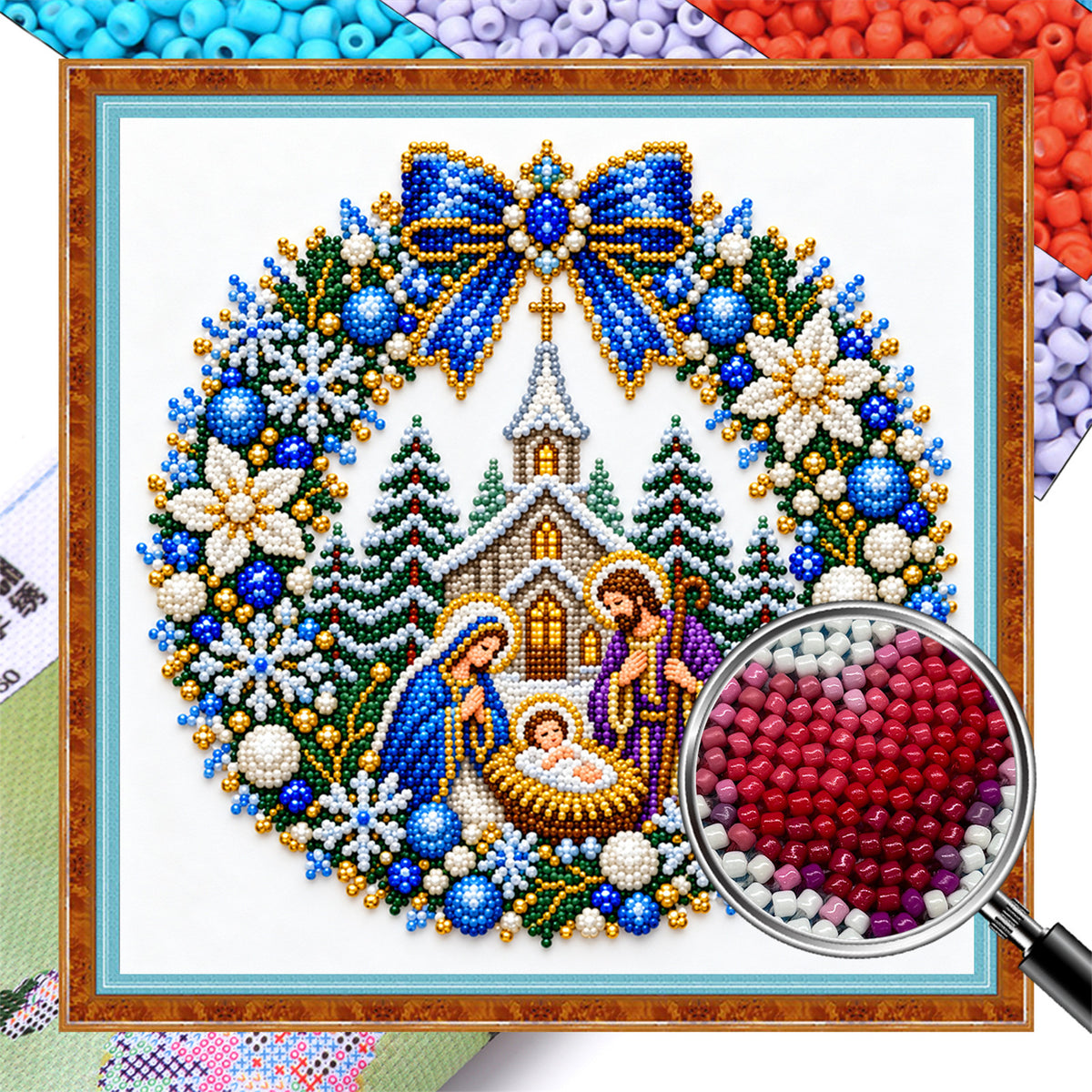 Nativity Wreath - Partial 11CT Stamped Cross Stitch - Bead Embroidery 36×36CM/14.17×14.17in