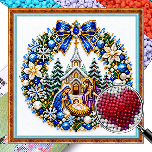 Nativity Wreath - Partial 11CT Stamped Cross Stitch - Bead Embroidery 36×36CM/14.17×14.17in