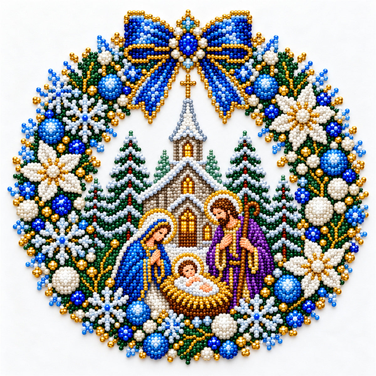 Nativity Wreath - Partial 11CT Stamped Cross Stitch - Bead Embroidery 36×36CM/14.17×14.17in