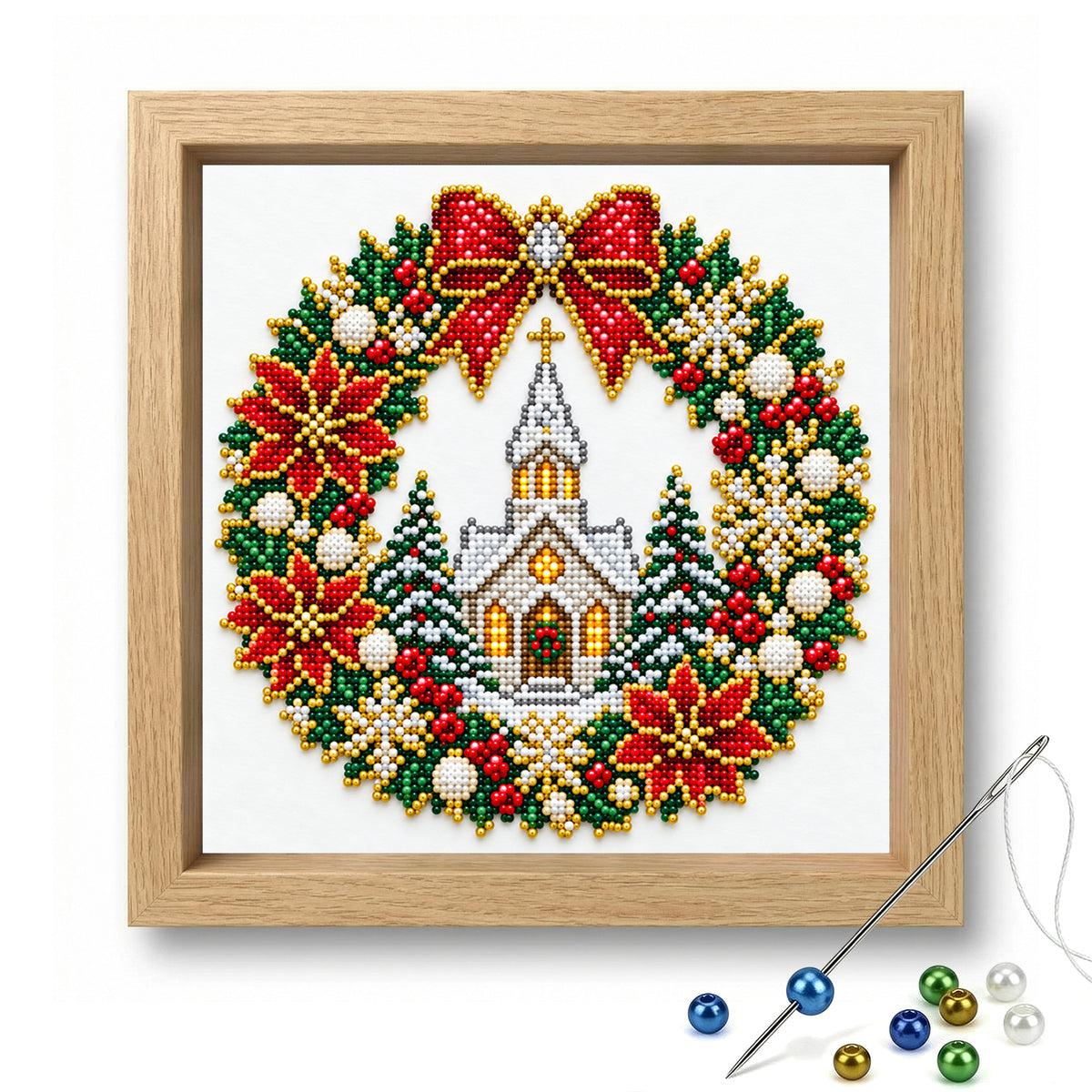 Church Wreath - Partial 11CT Stamped Cross Stitch - Bead Embroidery 36×36CM/14.17×14.17in