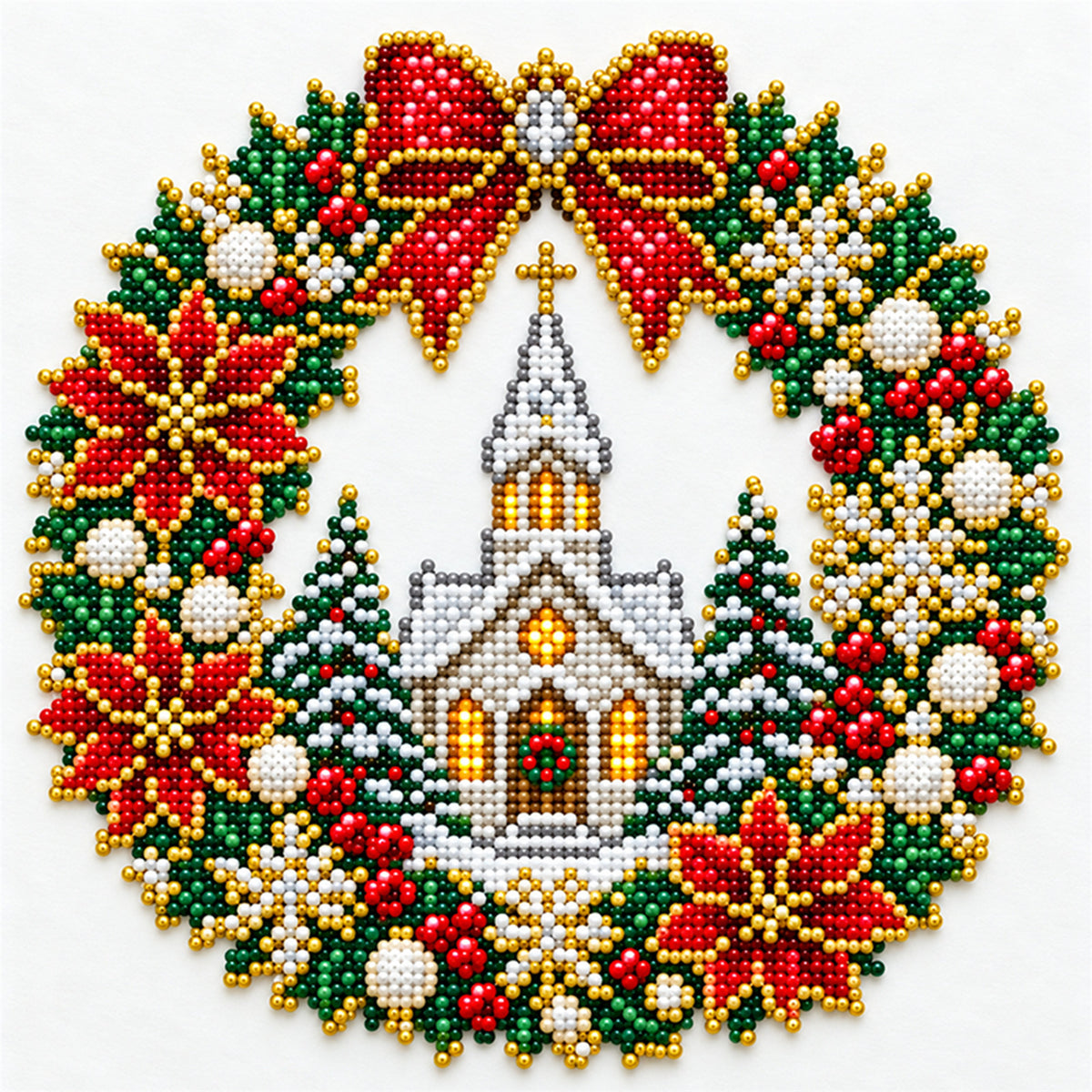 Church Wreath - Partial 11CT Stamped Cross Stitch - Bead Embroidery 36×36CM/14.17×14.17in