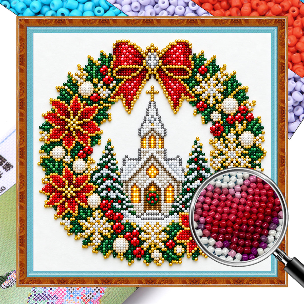 Church Wreath - Partial 11CT Stamped Cross Stitch - Bead Embroidery 36×36CM/14.17×14.17in
