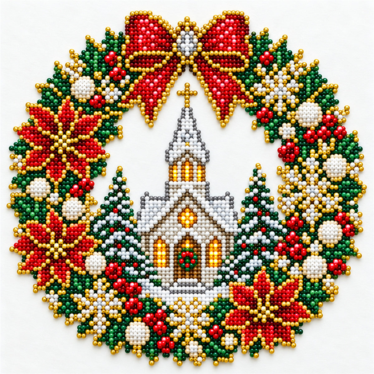 Church Wreath - Partial 11CT Stamped Cross Stitch - Bead Embroidery 36×36CM/14.17×14.17in