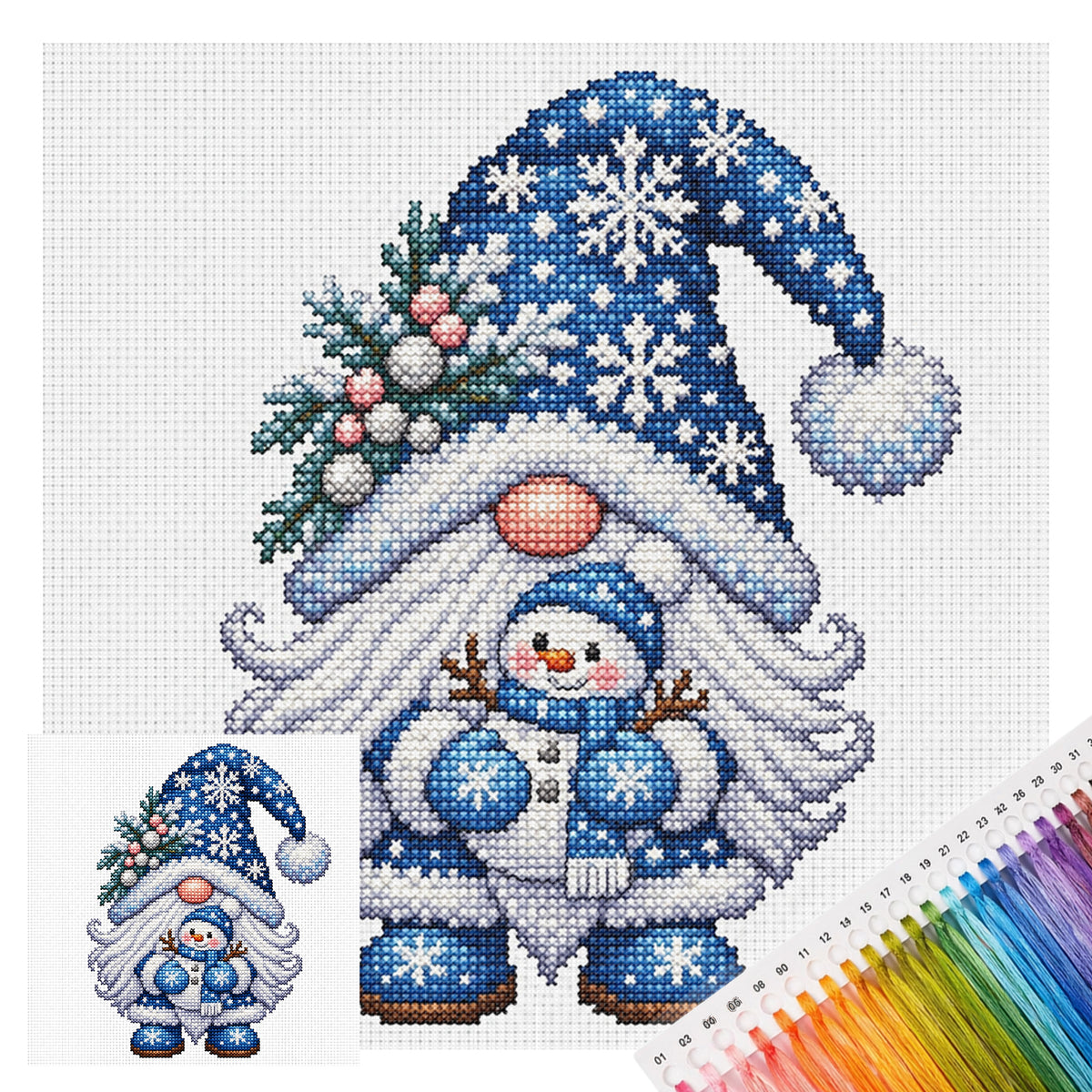 Schneemann-Wichtel – Vollständiges 11CT Stanzstich-Stickset 40x40 cm – Yishu