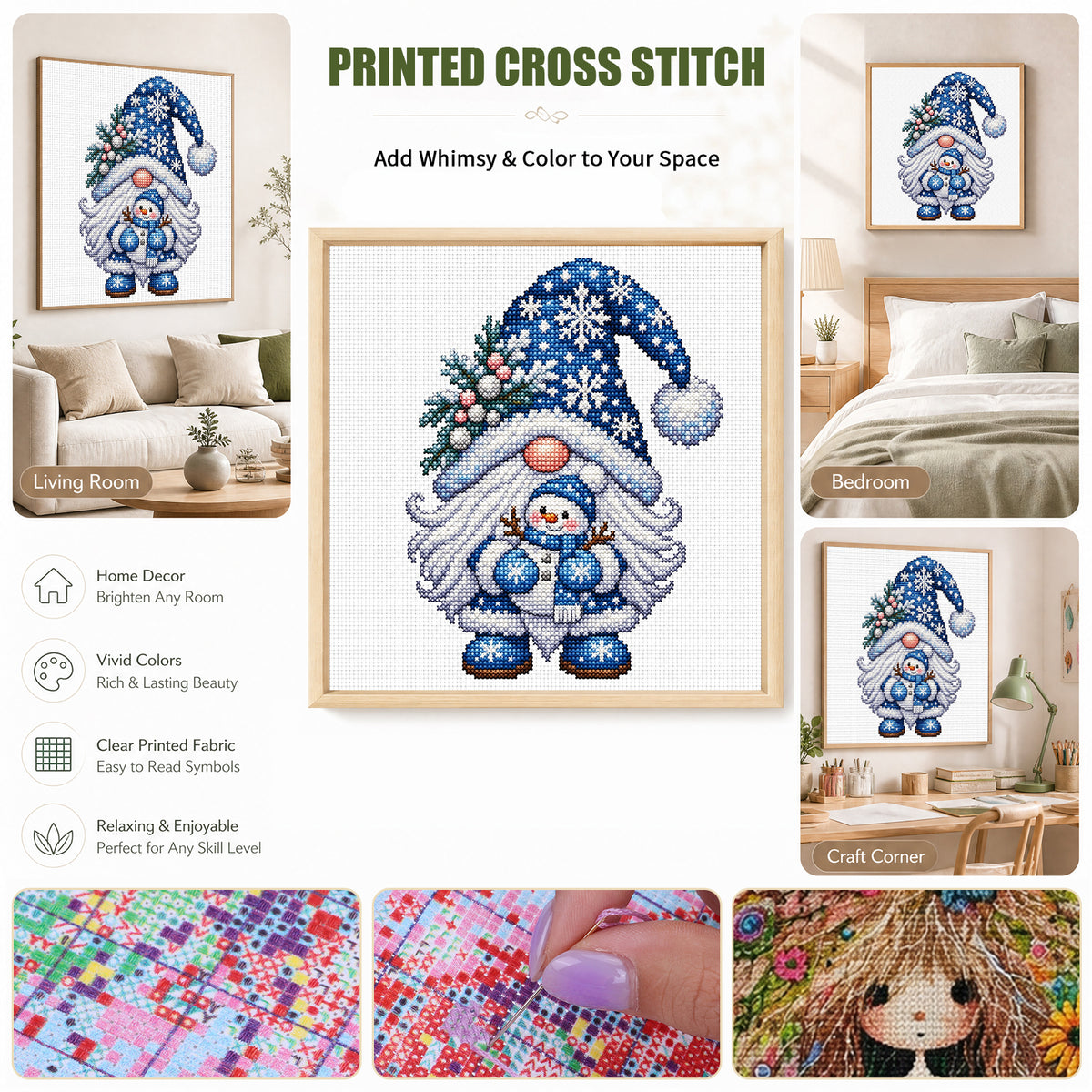 Schneemann-Wichtel – Vollständiges 11CT Stanzstich-Stickset 40x40 cm – Yishu