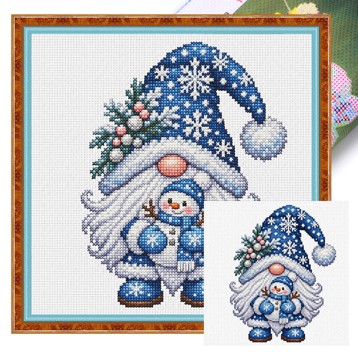 Schneemann-Wichtel – Vollständiges 11CT Stanzstich-Stickset 40x40 cm – Yishu
