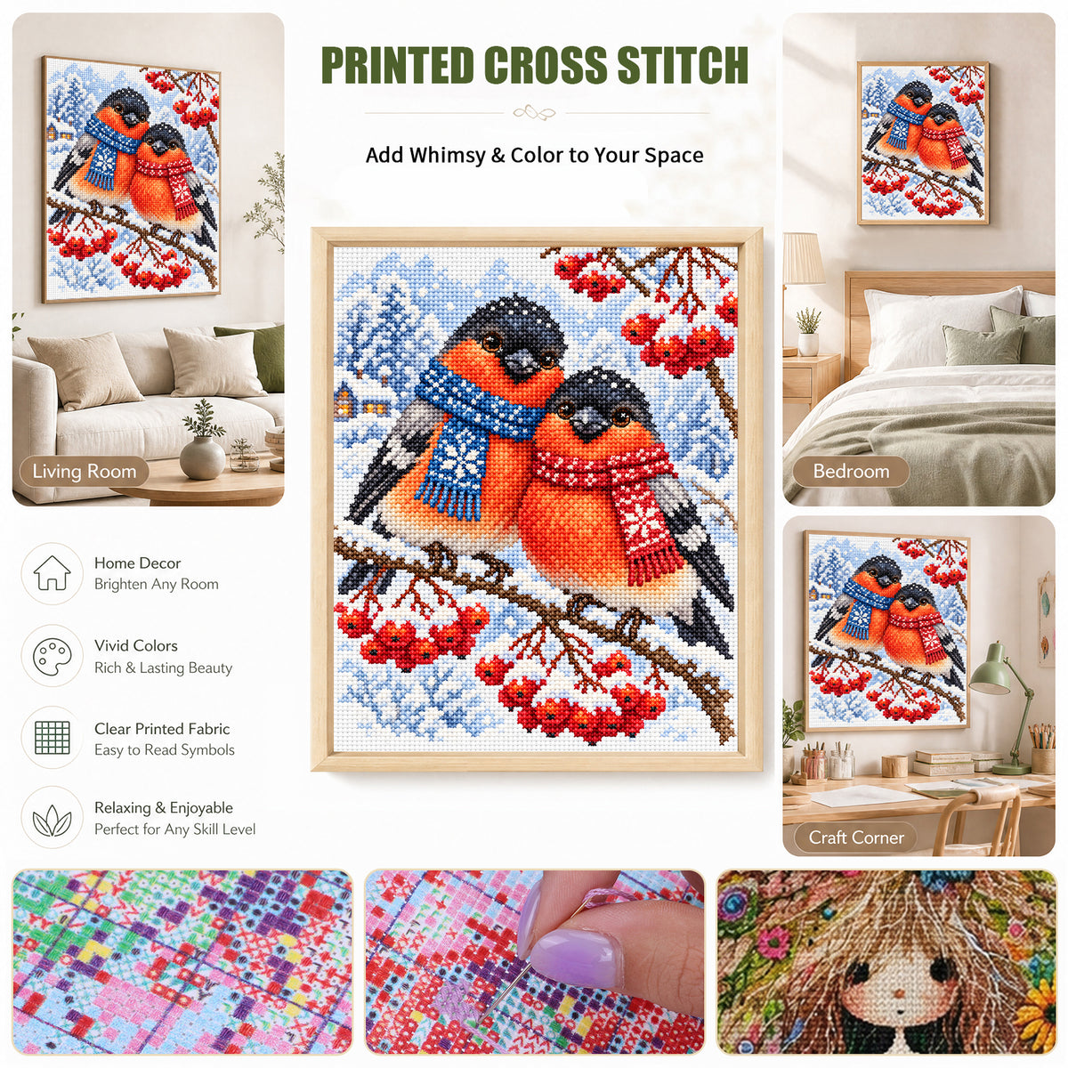 Bullfinch Duo - Full 11CT Stamped Cross Stitch 40x50CM - Yishu