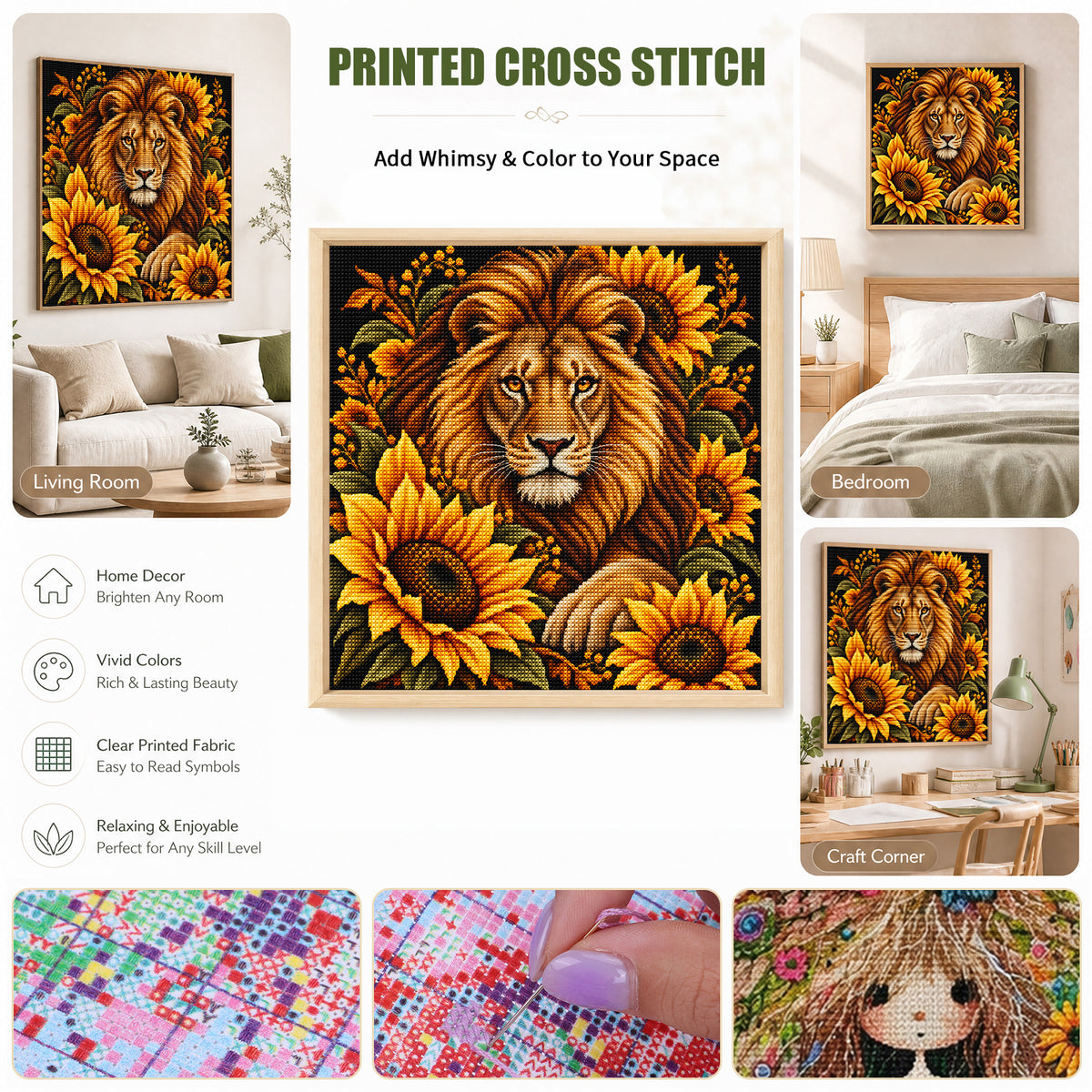 Sun Lion - Full 11CT Stamped Cross Stitch 45x45CM - Yishu