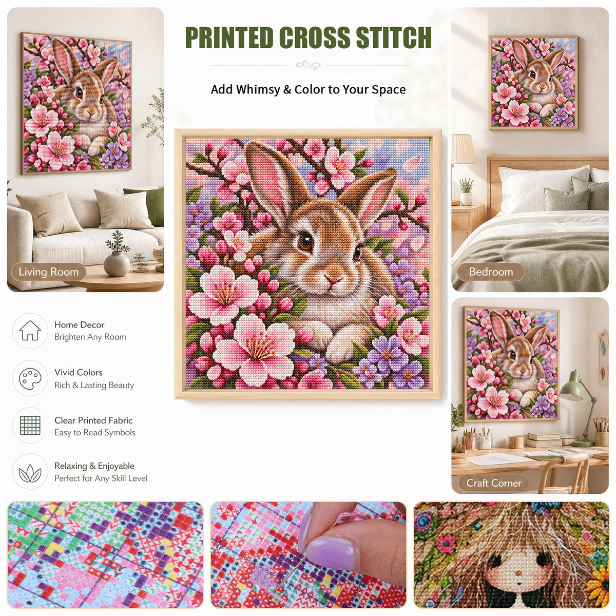 Blossom Rabbit - Full 11CT Stamped Cross Stitch 45x45CM - Yishu
