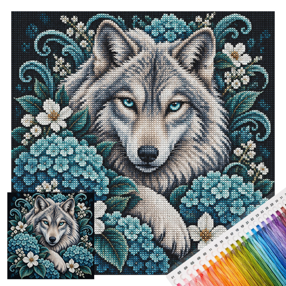 Hortensien-Wolf – Vollständiges 11CT Stanz-Kreuzstichset 45x45CM – Yishu