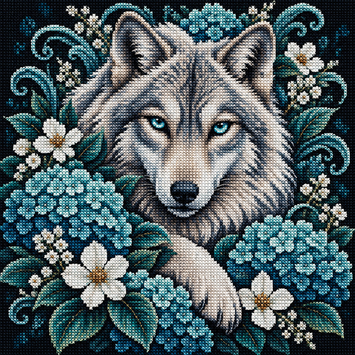 Hortensien-Wolf – Vollständiges 11CT Stanz-Kreuzstichset 45x45CM – Yishu