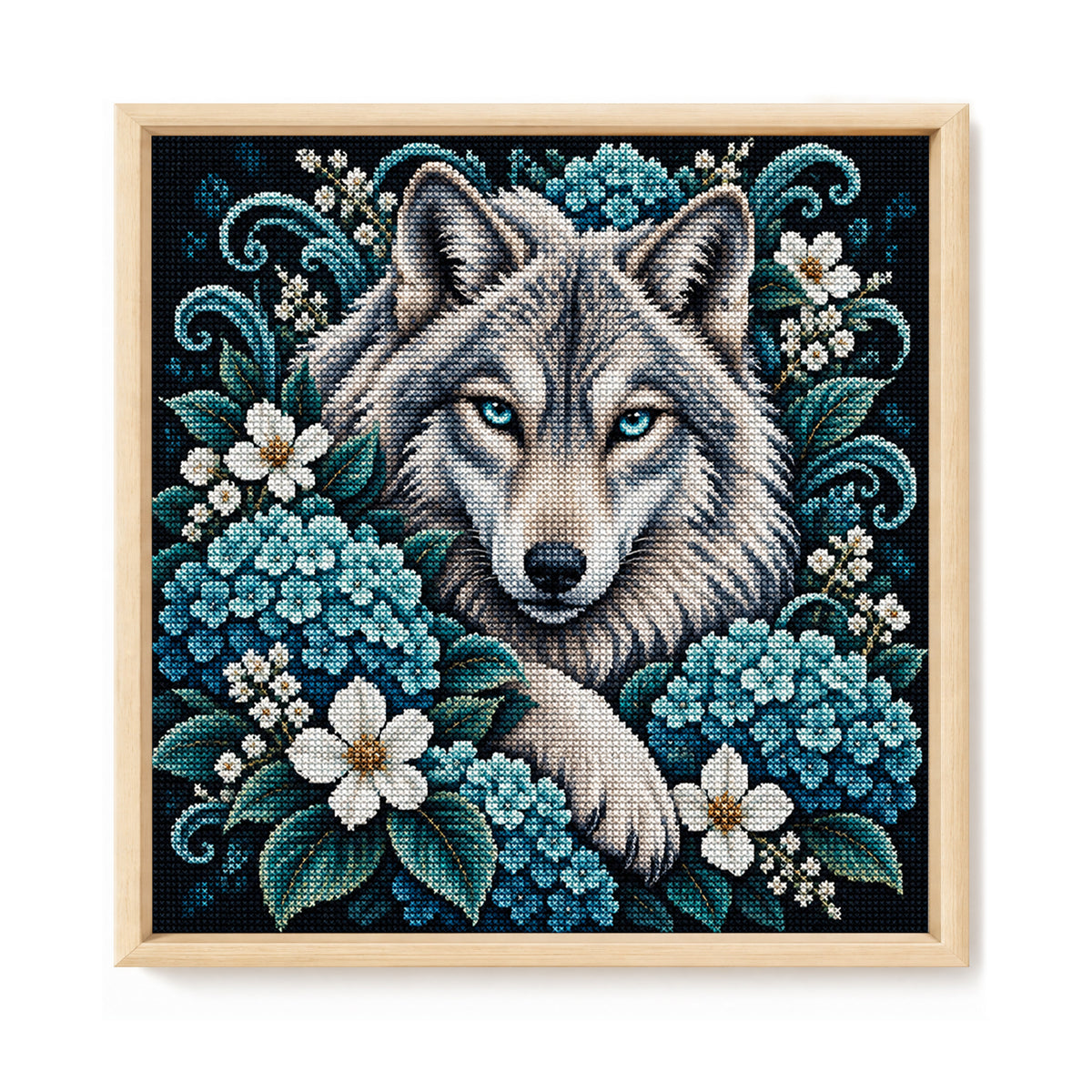 Hortensien-Wolf – Vollständiges 11CT Stanz-Kreuzstichset 45x45CM – Yishu