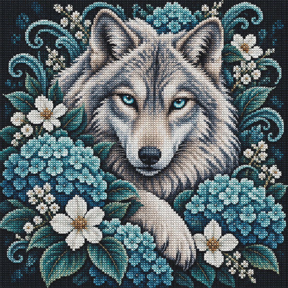 Hortensien-Wolf – Vollständiges 11CT Stanz-Kreuzstichset 45x45CM – Yishu