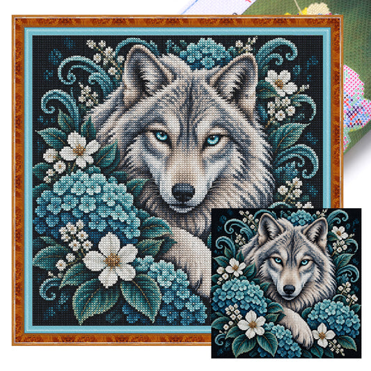 Hortensien-Wolf – Vollständiges 11CT Stanz-Kreuzstichset 45x45CM – Yishu