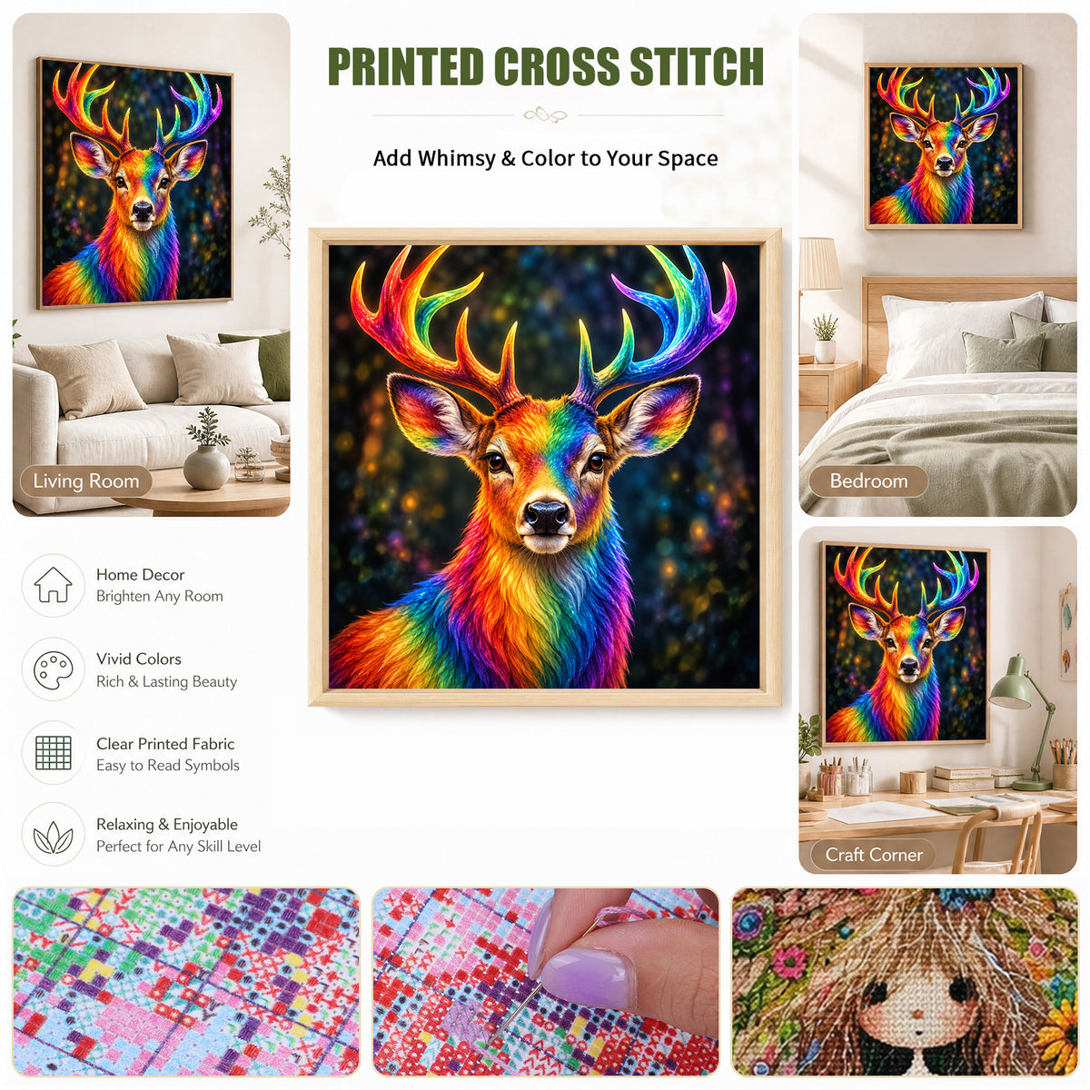 Rainbow Deer - Full 14CT Stamped Cross Stitch 30x30CM - Huacan